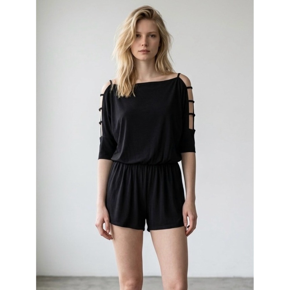 Cheryl Kids Creations Black 1/2 Batwing Off-Shoulder Open Sleeve Romper